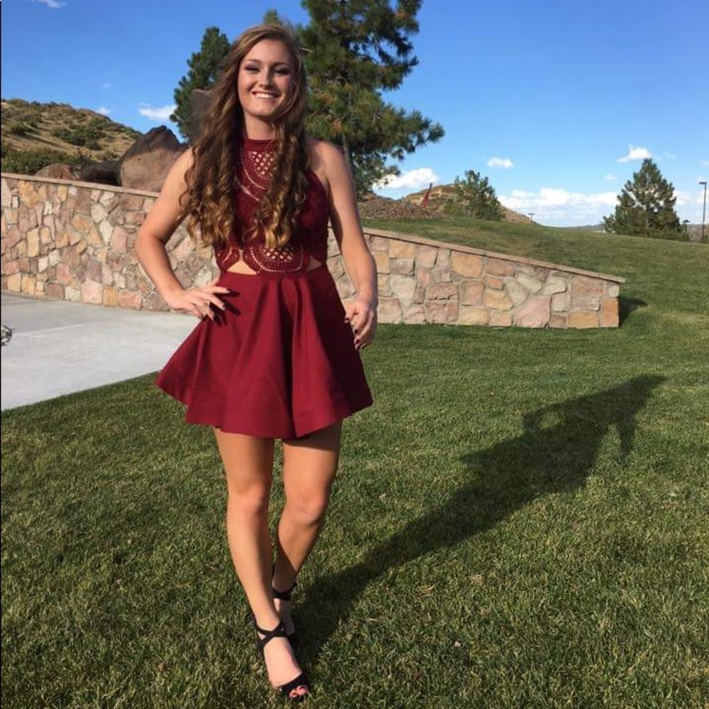 Beautiful Burgundy Lace Cutout Formal Dress